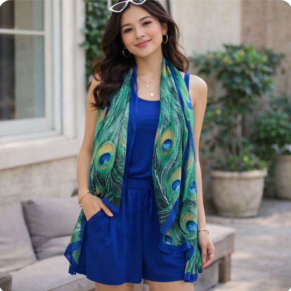 Silk Peacock Feather Print Scarf